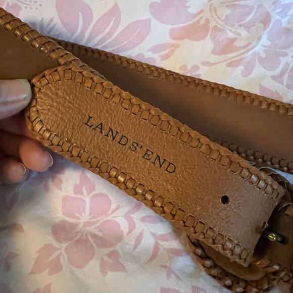 Vintage Lands End tan suede leather belt Western braided trim and buckle 90s Y2K - Picture 5 of 10